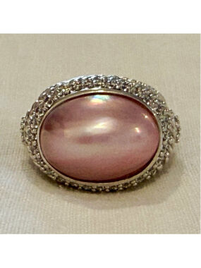 Judith Ripka Signed 925 Silver Pink Oval Mabe Pearl Halo Ring Size 7 Cocktail